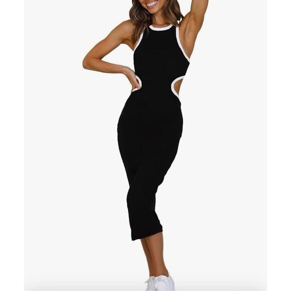 NEW Black Cut Out Waist Open Back Bodycon Ribbed Midi Dress L - Picture 1 of 6